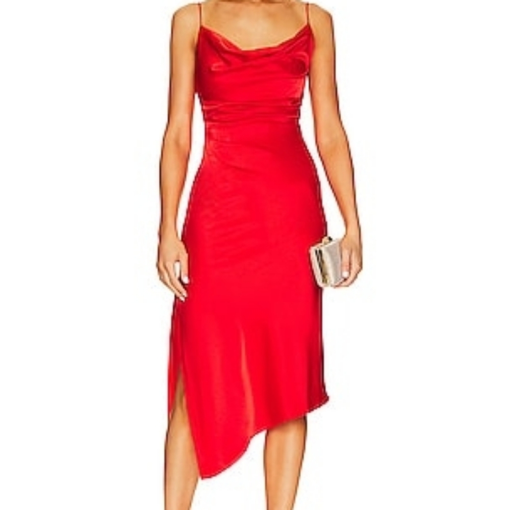 Vista Asymmetrical Slit Midi Slip Dress in Chili Pepper